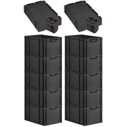 PROREGAL SuperSparSet 10x Eurobox NextGen Color mit Scharnierdeckel & Verschlüssen, HxBxT 32x40x60cm, 65L, Schwarz, Griffe schwarz zu, Eurobehälter