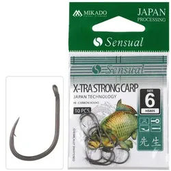 MIKADO Total Fishing Karpfenhaken Haken 10 Stk. Sensual X-TRA Strong Carp Karpfen Gr.6,8,10,12,14,16 RIG, (10-St., 10 Stück), Mit einem Widerhaken, Öhr 14