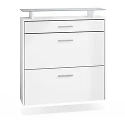 Vladon Schuhschrank Malea (hängender Schuhkipper für 16 Paar Schuhe, mit 2 Klappen und 1 Schublade und Glasablage) Weiß matt (89 x 96 x 23 cm) weiß