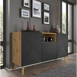 Raumhirsch Furniture Kommode Sideboard, Lowboard, Wohnmöbel mit Schubladen und Türen (Maße: 146 x 41,8 x 80 (H) cm, 3 Türen), Push to Open, Stabile Konstruktion, Holzfüße schwarz