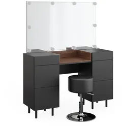 Vicco Schminktisch Anika Anthrazit 120 cm mit LED Beleuchtung und Hocker , Anthrazit, Walnussfarben , Holzwerkstoff , 7 Fächer , 6 Schubladen , Rechteckig,Rechteckig , 120x80x40 cm , Schlafzimmer, Schminktische