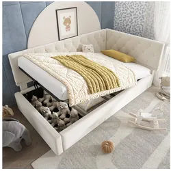 MODFU Polsterbett L-förmigem Schlafsofa (Funktionsbett, Stauraumbett, 2-tlg., 90x200cm, mit Matratze), mit stabilem Metallrahmen und geräuschdämpfender Konstruktion beige
