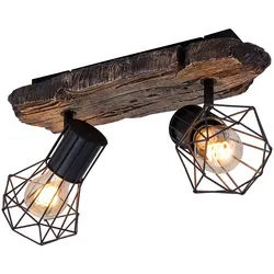Deckenlampe Wohnzimmer Holzoptik Deckenstrahler 2 flammig Retro Geflecht Spots verstellbar, Metall Kunststoff, 2x E27 Fassung, LxBxH 38,5x12x23 cm