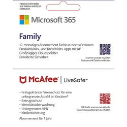 Microsoft 365 Family & McAfee LiveSafe Bundle, 12 Monate für 1-6 Nutzer (je 5 Geräte), Download Code - [Multiplattform]