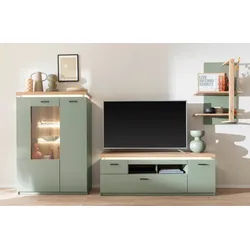MCA furniture Wohnwand Wohnkombination Moniz 1, Salbei grün / Eiche Evoke, 3-teilig, LED, (3-St), Wohnwand, Anbauwand, modern braun