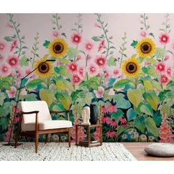 living walls Fototapete Fototapete Blumenwiese mit Blumenmotiv in Rosa 1,59x2,80 m blau