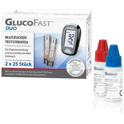 Glucofast Duo Blutzucker-Teststreifen und Kontrolllösung im Kombiset Teststreifen 50 St