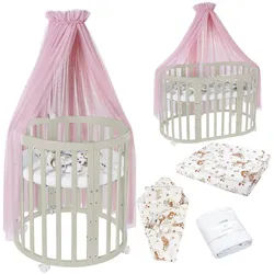 waldin Babybett Olive Oval 7in1 mit Matratze und Himmelset , Olivgrün, Rosa , Textil , Echtholz,Buche , Oval , 73x125 cm , FSC 100% , Babymöbel & Kindermöbel, Babyzimmer, Babybetten, Gitterbetten