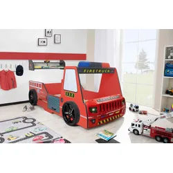 Aileenstore Autobett Rio (inkl. LED Licht und Lattenrost), Feuerwehrbett, 90x200 cm, LED Licht, Hochglanz, Lattenrost rot