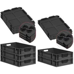 PROREGAL SparSet 5x Eurobox NextGen Color mit Auflagedeckel & Verschlüsse, HxBxT 12x40x60cm, 23L, Schwarz, Griffe schwarz offen, Eurobehälter