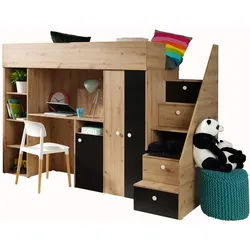 Möbel Kryspol Hochbett 247/165/120 , Weiß, Schwarz , Holz , Nachbildung , 90x200 cm , Babymöbel & Kindermöbel, Kinderzimmer & Jugendzimmer, Kinderbetten, Hochbetten