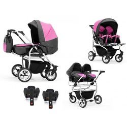 BabyMerc Zwillings-Kombikinderwagen Duo 5 in 1 inkl. Sportsitze, Autositze und Isos in 20 Farben grau|rosa
