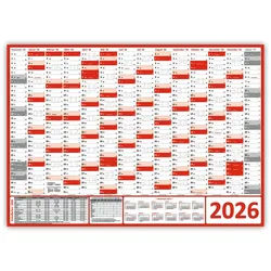 LYSCO Wandkalender Wandplaner DIN A0 / DIN A1 2026 (rot), Formate: DIN A0 (841 x 1189 mm) / DIN A1 (594 x 841 mm) Darstellung 14 Monate mit Jahresvorschau Folgejahr, und Ferientermine / Feiertage aller Bundesländer rot