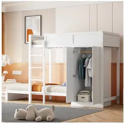STILVORA Etagenbett 90×200 Jugendbett mit Matratze,Kinderbett mit Schrank & hohes Zaun (mit sicherer vertikaler Treppe, integriertem Kleiderschrank und hohem Zaun, 90x200cm), mit Matratze weiß