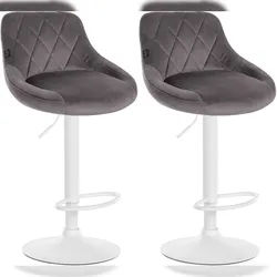 Décoshop26 - Set aus 2 drehbaren Barhockern höhenverstellbar grauer Samtbezug mit Ziernähten weißes Metallgestell 10_0006318