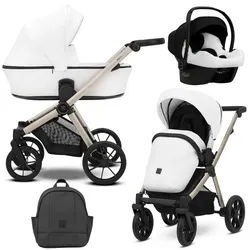 KUNERT Kombi-Kinderwagen BRAV 3 in1 Öko-Leder Kinderwagen mit Champagner Rahmen, Gelrädern, Leichtes Aluminiumgestell, 5-Punkt-Sicherheitsgurte weiß