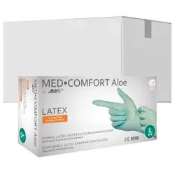 MED-COMFORT Aloe Latexhandschuhe, puderfrei, mintgrün, Unsterile Einmalhandschuhe mit guter Griffigkeit, 1 Karton = 10 Packungen à 100 Stück, Größe S