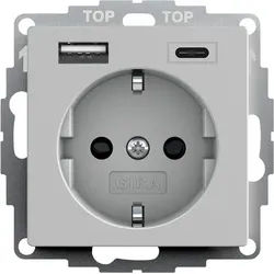 Gira 2459015 Schutzkontakt-Steckdose mit erhöhtem Berührungsschutz (Safety Plus) und USB-Spannungsversorgung 2-fach Typ A/C, System 55, grau matt