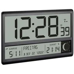 Funkuhr , Schwarz , Keramik , 84x36x23.5 cm , Kalenderanzeige, Wochentaganzeige, Weckfunktion, Mondphasenanzeige, Funkuhr, Zeitzoneneinstellung, leises Uhrwerk , Dekoration, Uhren, Wanduhren