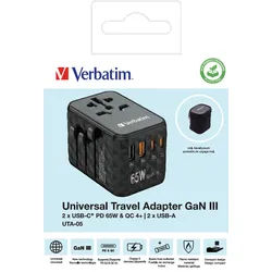 Verbatim Ladeadapter, Universal Travel, UTA-05, GaN III, 65W 1x USB-A, 1x USB-A QC, 2x USB-C PD, 100-250V, Retail