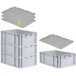 PROREGAL SuperSparSet 4x Eurobox NextGen Grip mit Auflagedeckel & 4 gelben Verschlüssen, HxBxT 22x40x60cm, 44L, Grau, Griffe zu, Eurobehälter
