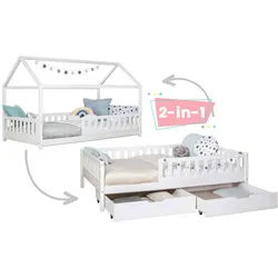 Mid.you Stauraumbett , Weiß , Holz , Birke,Kiefer , Schichtholz,massiv , Höhe ca. 20 cm , 140x200 cm , mit Schubkästen, bodentiefer Einstieg , Babymöbel & Kindermöbel, Kinderzimmer & Jugendzimmer, Kinderbetten, Kinderbetten & Jugendbetten