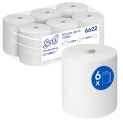 SCOTT® ControlTM Rollenhandtücher, 1-lagig, Weiße Einweg-Handtuchpapierrollen mit Prägung, 1 Karton = 6 Rollen à 300 Meter = 1800 Meter
