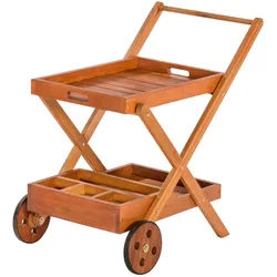 Gardenson Garten-Servierwagen , Naturfarben , Holz , Eukalyptusholz , massiv , eckig, Rollen, X-Form , 56x85x84 cm , FSC Mix , Flaschenfach, abnehmbares Tablett, offenes Fach , Gartenmöbel, Gartentische, Garten-beistelltische