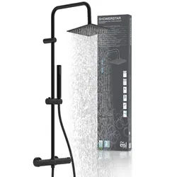 Eisl Brausegarnitur SHOWERSTAR, Höhe 96 cm, 1 Strahlart(en), Komplett-Set, Regendusche 20x20cm, Umsteller, Antikalk, Höhenverstellbar, Thermostat schwarz