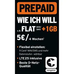 Congstar Congstar Prepaid "wie ich will" 202 - Flexible Tarife. Prepaidkarte, (Flexible Prepaid-Tarife) blau