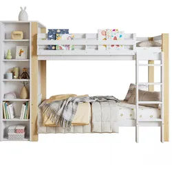 Okwish Etagenbett 90/200 cm Weiß+Natur mit Fallschutz und Kleiderschrank aus Kiefer und Mdf , Holzwerkstoff , 90x200 cm , Babymöbel & Kindermöbel, Kinderzimmer & Jugendzimmer, Stockbetten