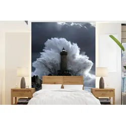 MuchoWow Fototapete Welle - Leuchtturm - Schäumendes Wasser, Matt, bedruckt, Wallpaper für Wohnzimmer, Schlafzimmer, Vinyl Tapete, 195x260 cm 1.95 m x 3 m