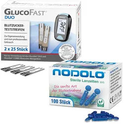 Glucofast Duo Blutzucker-Teststreifen und Nodolo Lanzetten im Kombiset Teststreifen 1 St