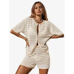 Imily Bela Hausanzug Damen Häkel 2-teiliger Set (Set, 2 tlg., Strick-Shirt + Shorts) gestreiftes beige M(38)