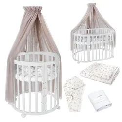 waldin Babybett White Oval 7in1 mit Matratze und Himmelset , Weiß, Taupe , Textil , Echtholz,Buche , Oval , 73x125 cm , FSC 100% , Babymöbel & Kindermöbel, Babyzimmer, Babybetten, Gitterbetten
