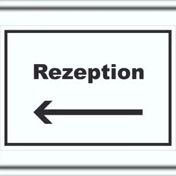 HB-Druck Rezeption Schild mit Text und Richtungspfeil links Anmeldung Eingang waagerecht A2 Rückseite selbstklebend