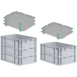 PROREGAL SuperSparSet 5x Eurobox NextGen Grip mit Auflagedeckel & 4 grünen Verschlüssen, HxBxT 17x40x60cm, 34L, Grau, Griffe zu, Eurobehälter