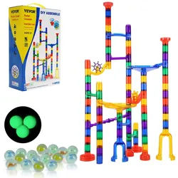 VEVOR Murmelbahn-Set 110-teiliges Murmellabyrinth-Baustein-Denkspiel, mit 10 im Dunkeln leuchtenden Murmeln + 20 Glasmurmeln, pädagogisches Lernrennbahn-MINT-Spielzeug, für Kinder ab 3 Jahren