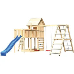 Akubi Stelzenhaus Frieda mit Wellenrutsche, Doppelschaukelanbau, Klettergerüst, Anbauplattform und Kletterwand blau