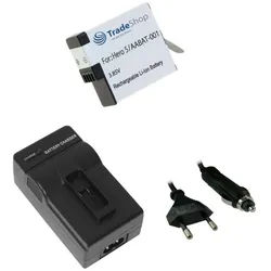Trade-Shop 2in1 Set passend für GoPro 025416 421850 AABAT-001 ASST1 Ladegerät + Kamera-Akku Li-Ion 1220 mAh (3,85 V), Für 220V Steckdose und 12V/24V Kfz Zigarettenanzünder