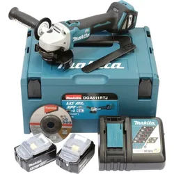 Makita Akku-Winkelschleifer DGA511RTJ, (Set), inkl. Akku, Ladegerät, Aufbewahrungskoffer und weiterem Zubehör blau