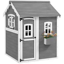 Outsunny Spielhaus für Kinder, Indoor- und Outdoor-Haus mit Tür, Fenstern, Grau , Holz , 104.5x137x110 cm , Freizeit & Co, Gartenspielzeug, Spielhäuser