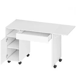 Homcom Rollbarer Computertisch, klappbarer Schreibtisch mit Schrank und Schublade , Weiß , Holzwerkstoff , 1 Schubladen , Rechteckig , 58x73.2x130 cm , Büromöbel, Schreibtische, Schreibtische