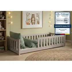 Kids Collective Kinderbett Bodenbett Bett mit Rausfallschutz & Lattenrost Montessori Bett Kinder (Jungen, Mädchen, Kinder, weitere Größen 80x160, 80x180, 90x190, 120x200, 140x200 cm), Jugendbett Gitterbett Einzelbett, kaschmir Kiefer 90 x 200 cm grau