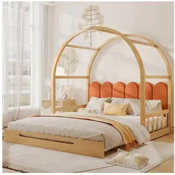 HAUSS SPOLE Kinderbett Holzbett Schiebebett Kinderbett Einzelbett Doppelbett (Samtkissen, Rahmen aus Kiefernholz, Erweiterbares Gewölbtes Dachbett), 140x100cm&140x200cm beige