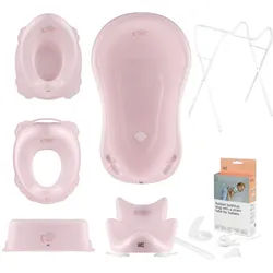 Hylat Baby Babybadewanne Hylat Baby Badewanne Set - für Neugeborene und Babys – Lite, Friends, (7-teiliges SET, 7-tlg), Babywanne, Sitz, Gestell, Schemel, Topf, Toilettensitz, Abfluss – Rosa rosa