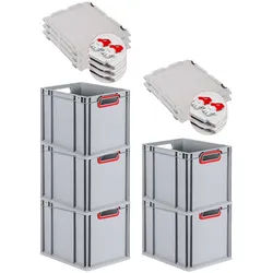 PROREGAL 5x Eurobox NextGen Color mit Scharnierdeckel & Verschlüssen | HxBxT 22x30x40cm | 30 Liter | Griffe rot offen | Glatter Boden