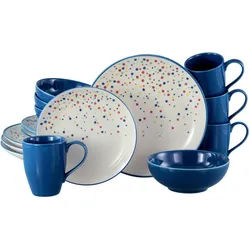 Creatable Kombiservice , Blau, Creme , Keramik , 16-teilig , Punkte , 300 ml,400 ml , handbemalt, lebensmittelecht, stapelbar , Geschirr, Geschirrsets, Kombiservice