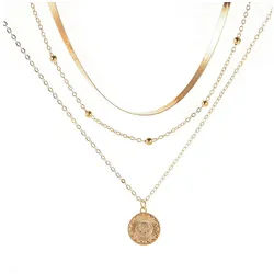 KARMA Kette mit Anhänger Halskette Damen mehrreihig Gold Damenhalskette (mehrreihig, 45 cm), Dreilagige Damenhalskette mit Anhänger Layer goldfarben
