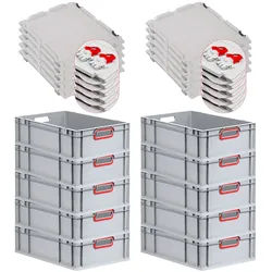 PROREGAL 10x Eurobox NextGen Color mit Scharnierdeckel & Verschlüssen | HxBxT 17x40x60cm | 34 Liter | Griffe rot offen | Glatter Boden